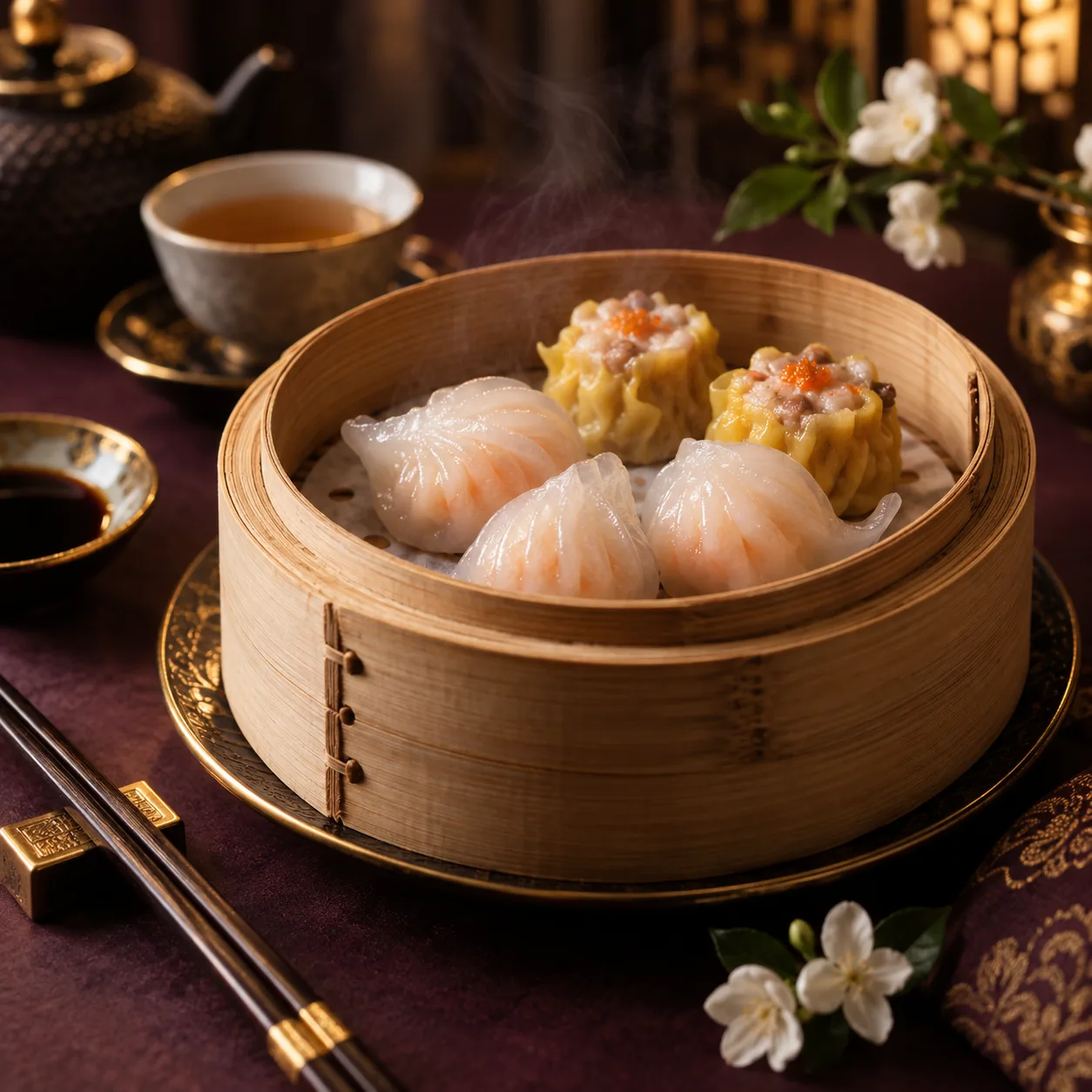 Steamed dim sum in a bamboo basket